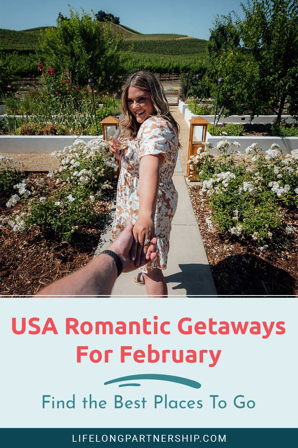 Woman in holding her partner's hand and smiling - USA Romantic Getaways For February - Find the Best Places To Go