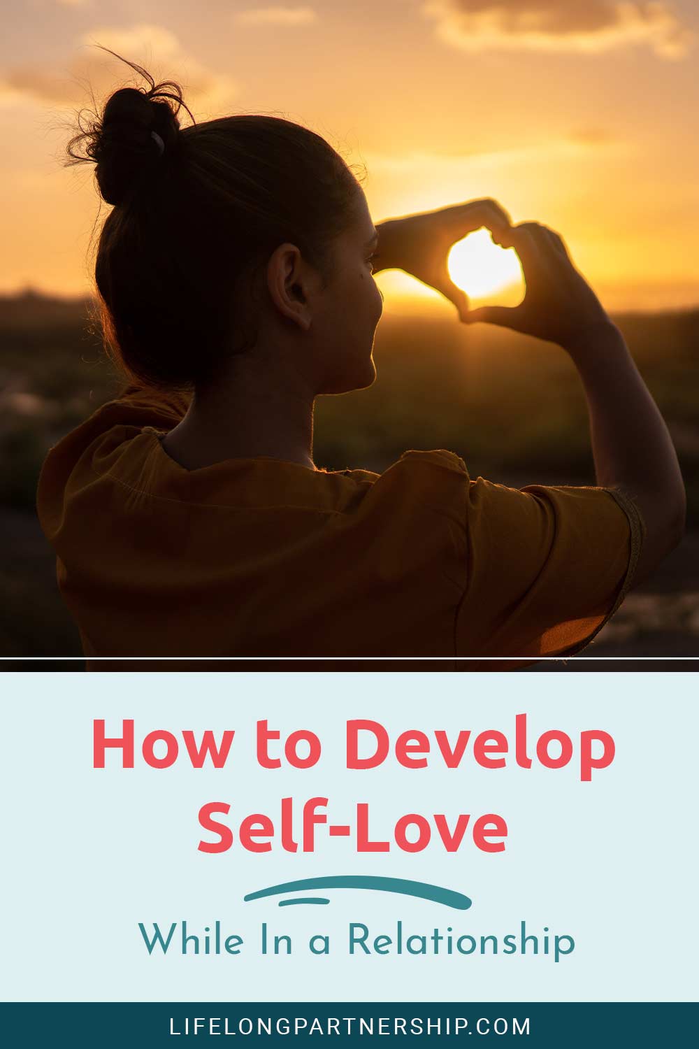 Lady wearing yellow tops facing to the sun and showing love symbol with fingers - How to Develop Self-Love While In a Relationship.